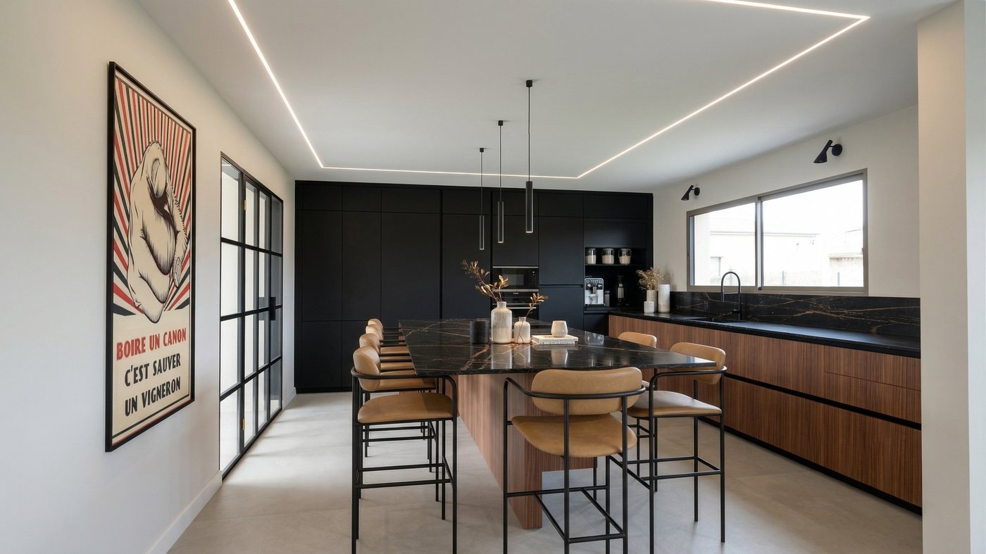 Cuisine noire mat marbre noir posée — Atelier Genèse Lattes