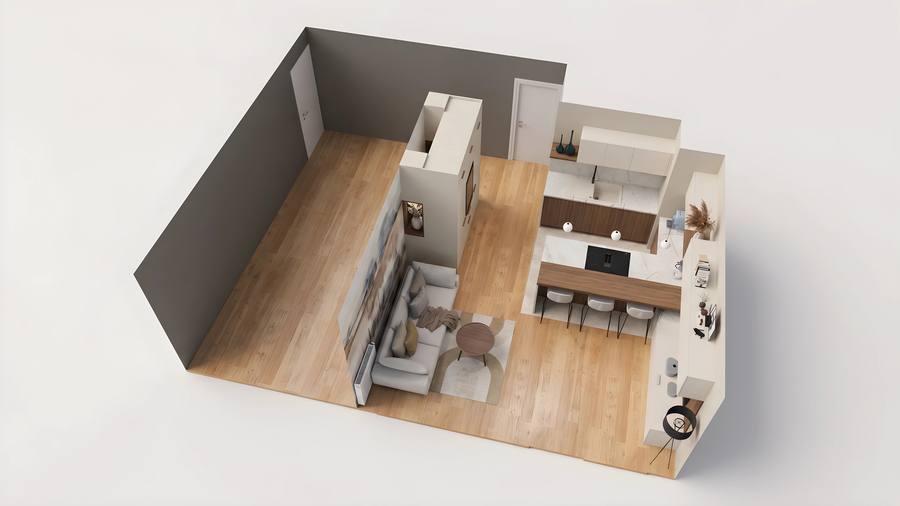 Pièce de vie 25m² · Vue 3D