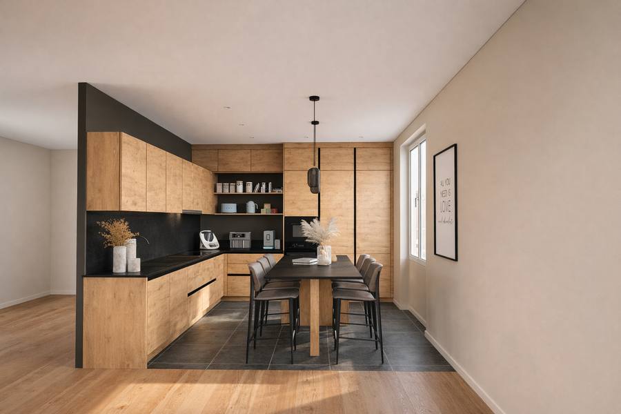 Cuisine bois & noir · Plan ardoise