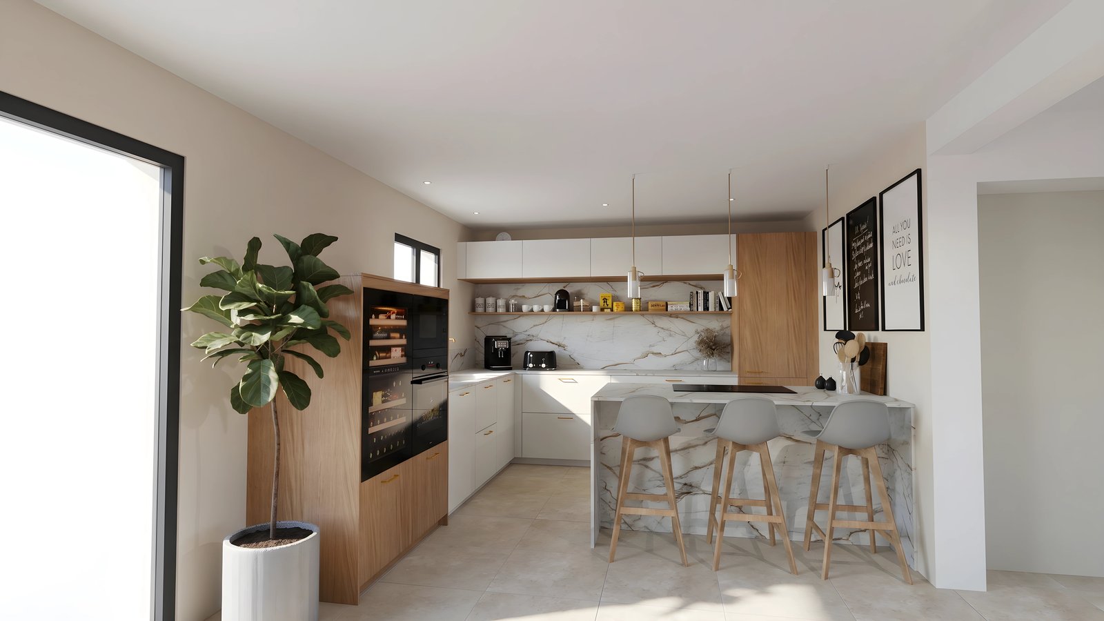 Cuisine en L · Blanc, bois & marbre